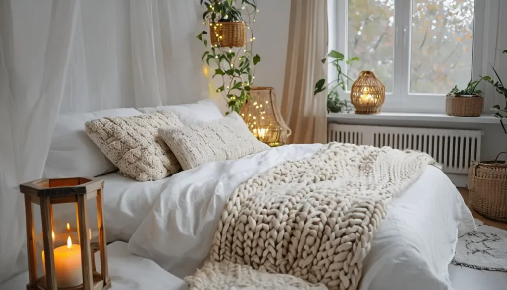 Cozy Bedroom Scene With Warm Lighting And Natural Accents