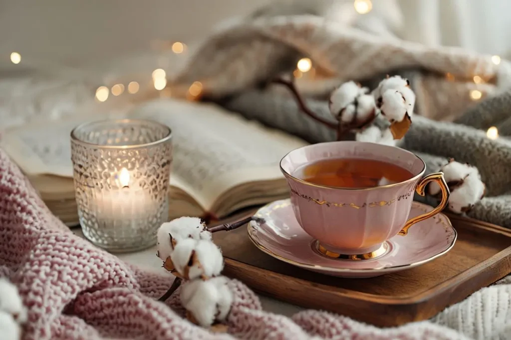 Cozy Still Life With Pink Cup Amber Tea And Candle