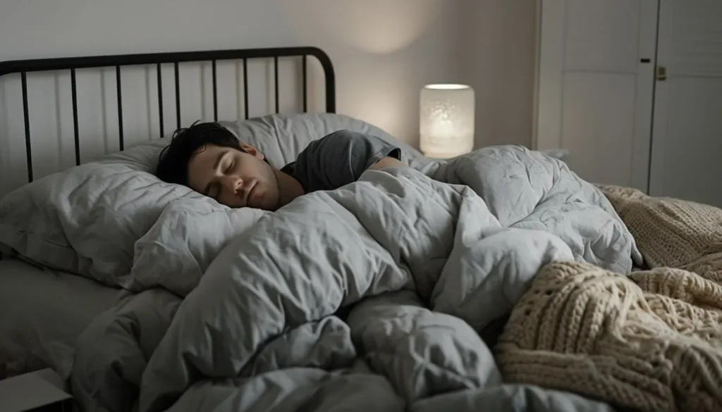 Man Sleeping Peacefully In Cozy Dimly Lit Bedroom