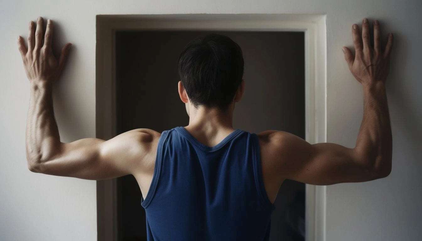 Person With Muscular Arms Pressing Against Off White Wall