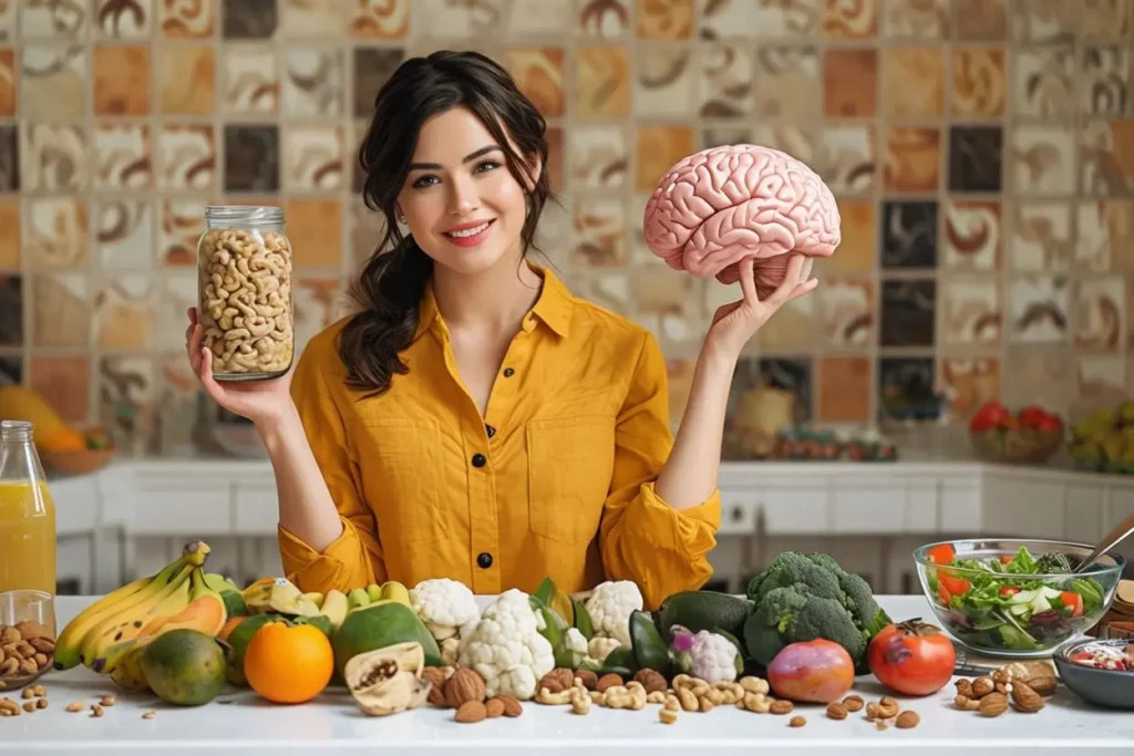 Young Woman Smiling with Fresh Produce and Nuts