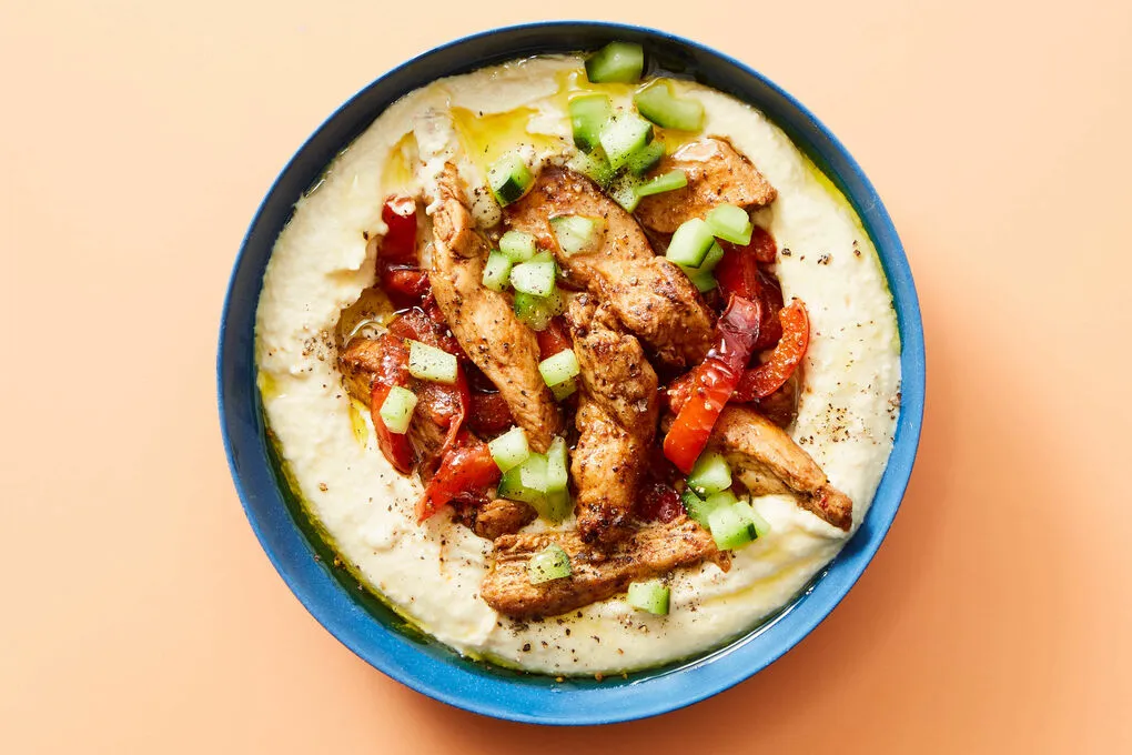 chicken shawarma hummus bowl b4e